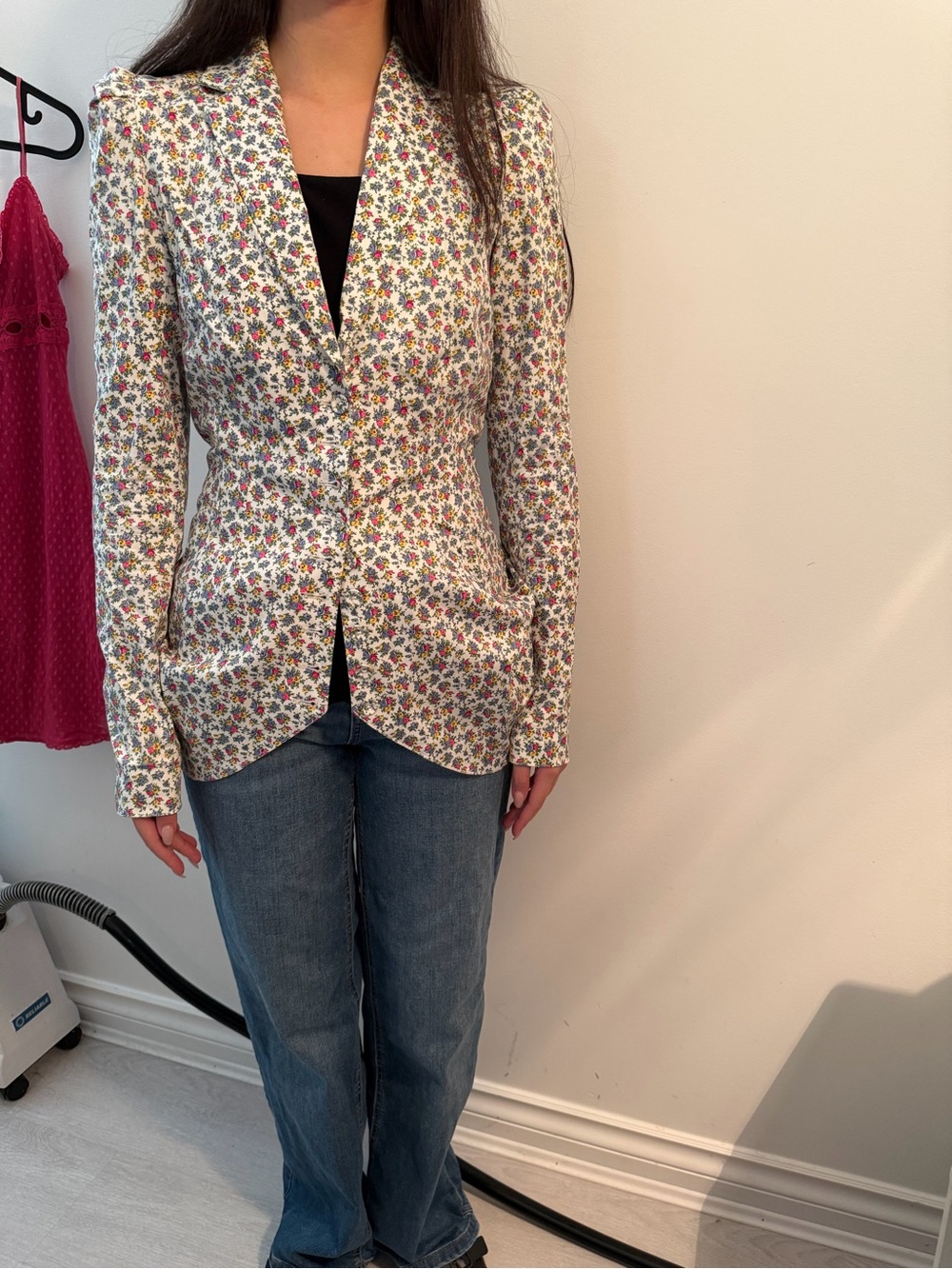 Betsey Johnson Floral Tailored Blazer Jacket - White with Pink & Blue Accents